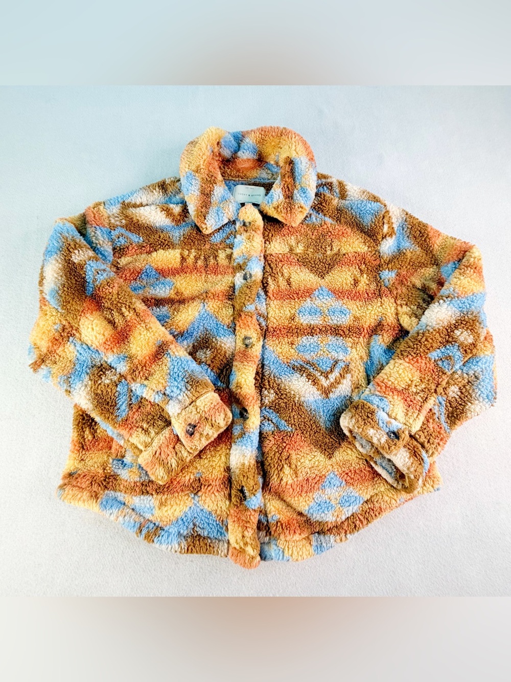 Lucky Brand Womens Medium Button Front Tribal  Boho Western Aztec Fleece Jacket